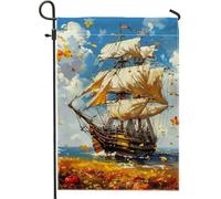 Bandiera da giardino con nave a vela autunnale, bandiera blu decorativa nautica, bandiera da cortile in tessuto su entrambi i lati, per la decorazione della casa esterna, 30,5 x 45,7 cm