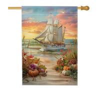 Bandiera da giardino con nave a vela autunnale, scena colorata al tramonto sulla spiaggia, striscione decorativo per la casa, bandiera da giardino in iuta su entrambi i lati, decorazione per prato