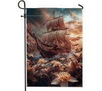 Bandiera da giardino con nave fantasia, onde dell'oceano, decorazione nautica per la casa e il giardino, bandiera da giardino in poliestere su entrambi i lati, decorazione per esterni, 30,5 x 45,7 cm