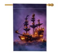 Bandiera da giardino con nave viola di Halloween, lanterne di zucca spettrale per la decorazione della casa, bandiera da cortile in iuta su entrambi i lati per decorazione esterna del prato 71 x 101