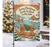 Bandiera da giardino con omini di pan di zenzero con citazione di Natale | Scena della cabina sul lago, bandiera del cortile, paesaggio innevato, saluti di vacanza, decorazione invernale per esterni
