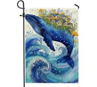 Bandiera da giardino con onde balene e oceano, decorazione nautica blu per l'estate, striscione in iuta su entrambi i lati per decorazione esterna del prato 30,5 x 45,7 cm