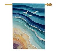 Bandiera da giardino con onde oceaniche, conchiglie costiere blu e uccelli, bandiera da esterno a doppia faccia per spiaggia di sabbia per primavera estate decorazione per la casa prato decorazione