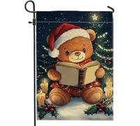 Bandiera da giardino con orsacchiotto per le vacanze invernali, libro di lettura con simpatico orso marrone, decorazione per esterni in iuta su entrambi i lati, decorazione natalizia per prato, 30,5 x