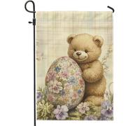 Bandiera da giardino con orsetto pasquale primaverile, beige carino peluche orsacchiotto coniglietto uovo floreale decorazione per esterni, bandiera da cortile in iuta su entrambi i lati, decorazione