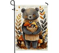 Bandiera da giardino con orso autunnale, grazioso orso che tiene funghi e foglie, decorazione per esterni, striscione in iuta su entrambi i lati per feste autunnali 30,5 x 45,7 cm