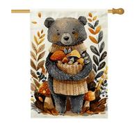 Bandiera da giardino con orso autunnale, grazioso orso che tiene funghi e foglie, decorazione per esterni, striscione in iuta su entrambi i lati per feste autunnali 71 x 101 cm