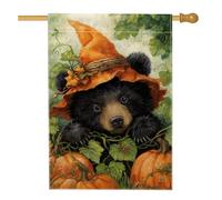 Bandiera da giardino con orso autunnale, orso nero con cappello arancione e zucca, striscione decorativo per la casa, in iuta su entrambi i lati, decorazione per prato all'aperto, per feste autunnali
