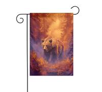 Bandiera da giardino con orso che cammina attraverso la foresta infuocata, 30 x 45 cm, verticale, double face, decorazione per case in campagna