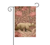 Bandiera da giardino con orso che cammina attraverso la foresta rosa beige 30 x 45 cm verticale su entrambi i lati per fattoria vacanze decorazioni esterne bandiera cortile