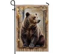 Bandiera da giardino con orso, con foglie naturali rustiche, cornice in legno marrone autunnale, in iuta su entrambi i lati, bandiere decorative per esterni, prato, portico, patio, ingresso, 30,5 x