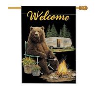 Bandiera da giardino con orso da campeggio, striscione decorativo per bosco nero, decorazione su entrambi i lati, decorazione per prato all'aperto, cartello di benvenuto per la casa, 71 x 101 cm