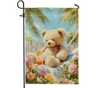 Bandiera da giardino con orso estivo, orso di peluche marrone crema con decorazione per cocktail all'aperto, striscione floreale colorato su entrambi i lati per cortile prato decorazione di benvenuto