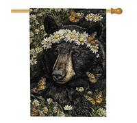 Bandiera da giardino con orso floreale, orso nero con margherita reale e farfalle, decorazione per esterni, in iuta su entrambi i lati, striscione primaverile estivo da cortile per la decorazione del