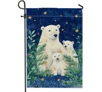 Bandiera da giardino con orso polare, motivo invernale con stelle e cuccioli, blu navy, double face, decorativa, per esterni, patio, prato, portico, balcone, 30,5 x 45,7 cm