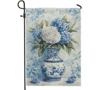 Bandiera da giardino con ortensia blu primaverile ed estate, elegante vaso floreale per esterni, bandiera da cortile in tessuto su entrambi i lati, per la decorazione della casa, 30,5 x 45,7 cm