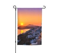 Bandiera da giardino con paesaggio al tramonto sull'isola greca, 12x18 pollici, stampa fronte-retro, per interni ed esterni, per decorazioni domestiche, striscioni esterni, foto di sfondo