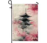 Bandiera da giardino con pagoda giapponese, fiori di ciliegio di pesco, decorazione per esterni, striscione decorativo primaverile estivo, bandiera decorativa in tessuto su entrambi i lati, per la