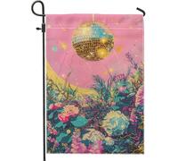 Bandiera da giardino con palla da discoteca primaverile ed estiva, bandiera floreale pesca per la decorazione della casa da giardino, bandiera da giardino in iuta su entrambi i lati, decorazione per