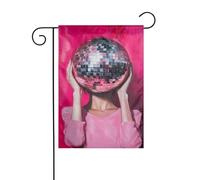 Bandiera da giardino con palla da discoteca rosa, senza testa, 30 x 45 cm, verticale su entrambi i lati, decorazione per esterni