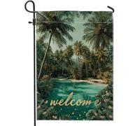 Bandiera da giardino con palme tropicali, bandiera verde laguna di benvenuto per la casa, bandiera su entrambi i lati in iuta da cortile per vacanze estive all'aperto decorazione per prato 30,5 x 45,7