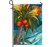 Bandiera da giardino con palme tropicali, striscione decorativo per la casa con tramonto arancione colorato, in iuta su entrambi i lati, decorazione per esterni, per feste estive, prato, 30,5 x 45,7
