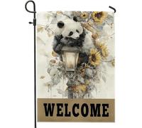 Bandiera da giardino con panda di benvenuto, striscione decorativo per la casa con girasoli neri e gialli, bandiera da giardino in iuta su entrambi i lati, per decorazione esterna del prato, 30,5 x