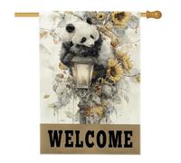 Bandiera da giardino con panda di benvenuto, striscione decorativo per la casa con girasoli neri e gialli, bandiera da giardino in iuta su entrambi i lati, per decorazione esterna del prato, 71 x 101