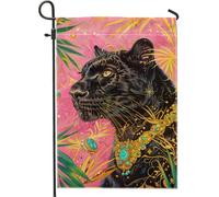 Bandiera da giardino con pantera nera di lusso, pesca, giungla, fauna selvatica, primavera, decorazione della casa, bandiere da giardino, bandiera del patio a doppia faccia, decorazione del prato