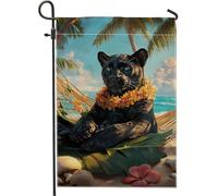 Bandiera da giardino con pantera tropicale leopardo floreale nero decorazione da spiaggia di ibisco, bandiera in tela di iuta double face per patio, decorazione prato all'aperto, 12 x 18 pollici