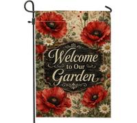 Bandiera da giardino con papaveri, stile vintage rustico con crisantemo, sfondo in legno rosso primaverile, su entrambi i lati, piccola bandiera da giardino per esterni, portico, prato, patio