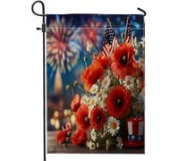 Bandiera da giardino con papavero patriottico e margherita, bandiera a tema fuochi d'artificio per il giorno dell'indipendenza, bandiera a doppio lato, in iuta, decorazione per cortile, vacanze