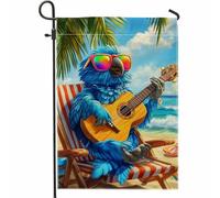 Bandiera da giardino con pappagallo blu vibrante che suona la chitarra, decorazione da giardino tropicale da spiaggia, decorazione da giardino su entrambi i lati, decorazione per il prato all'aperto