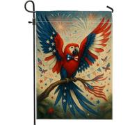 Bandiera da giardino con pappagallo del quarto di luglio, striscione decorativo per esterni con uccellini patriottici rossi, blu e bianchi, bandiera da giardino in iuta su entrambi i lati, decorazione