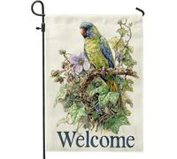 Bandiera da giardino con pappagallo floreale vivace, uccello colorato verde con fiori decorazione per esterni, striscione di benvenuto in iuta su entrambi i lati per la primavera estate decorazione
