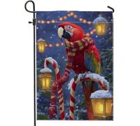 Bandiera da giardino con pappagallo per le vacanze invernali, uccello tropicale rosso con lanterne, decorazione per esterni, striscione su entrambi i lati per prato in iuta per decorazione natalizia