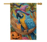 Bandiera da giardino con pappagallo tropicale di Halloween, ara blu con cappello da strega, striscione decorativo per la casa, bandiera da giardino in iuta su entrambi i lati, decorazione per feste