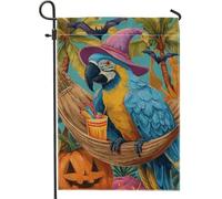 Bandiera da giardino con pappagallo tropicale di Halloween, ara blu con cappello da strega, striscione decorativo per la casa, bandiera da giardino in iuta su entrambi i lati, decorazione per feste