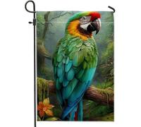 Bandiera da giardino con pappagallo verde tropicale, striscione decorativo per la casa con uccelli vivaci, bandiera da giardino in iuta su entrambi i lati, per decorazione esterna del prato, 30,5 x