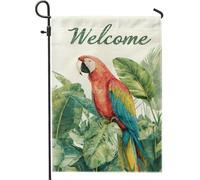 Bandiera da giardino con paradiso tropicale, ara rossa, foglie verdi, decorazione per la casa e il giardino, bandiera da giardino in tessuto su entrambi i lati, decorazione estiva per esterni, 30,5 x