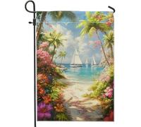 Bandiera da giardino con paradiso tropicale, bandiere decorative colorate con scena da spiaggia, bandiera decorativa floreale su entrambi i lati, per esterni, decorazione estiva per prato, decorazione
