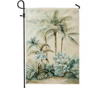 Bandiera da giardino con paradiso tropicale, con foglie di palma verde tenue, ibisco floreale, decorazione per la casa, bandiera da giardino in iuta su entrambi i lati, decorazione estiva per esterni