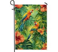 Bandiera da giardino con paradiso tropicale, con uccelli e ibisco, decorazione per esterni, in iuta su entrambi i lati, per la decorazione estiva della casa, 30,5 x 45,7 cm