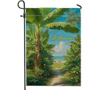 Bandiera da giardino con paradiso tropicale, lussureggiante foglia di palma verde oceano sentiero decorazione per la casa, bandiera su entrambi i lati in iuta per cortile, decorazione stagionale per
