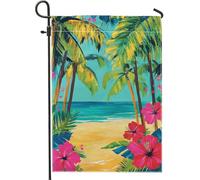 Bandiera da giardino con paradiso tropicale, vibrante pesca ibisco e palme, decorazione per esterni, striscione su entrambi i lati per prato in iuta per decorazione estiva, accenti per la casa sulla