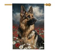 Bandiera da giardino con pastore tedesco, cane maestoso in campo di fiori di papavero, decorazione per esterni, striscione su entrambi i lati per la decorazione del prato domestico 71 x 101 cm