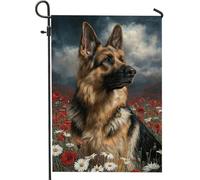 Bandiera da giardino con pastore tedesco, cane maestoso in campo di fiori di papavero, decorazione per esterni, striscione su entrambi i lati per la decorazione del prato domestico 30,5 x 45,7 cm