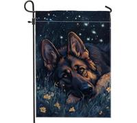 Bandiera da giardino con pastore tedesco della notte stellata, striscione decorativo floreale blu giallo per esterni, motivo cane su entrambi i lati, bandiera per cortile primavera estate decorazione