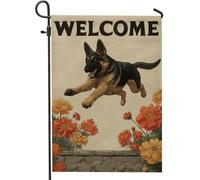 Bandiera da giardino con pastore tedesco di benvenuto, striscione autunnale floreale per cani, decorazione per esterni in iuta su entrambi i lati, per la decorazione della casa e del prato, 30,5 x