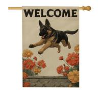Bandiera da giardino con pastore tedesco di benvenuto, striscione autunnale floreale per cani, decorazione per esterni in iuta su entrambi i lati, per la decorazione della casa e del prato, 71 x 101